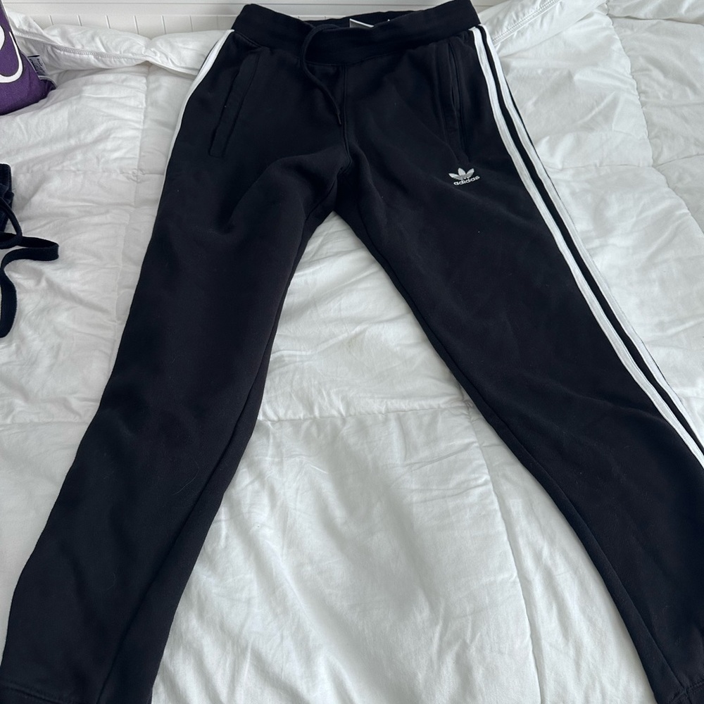 Adidas Mens Small Black Joggers with White Stripes